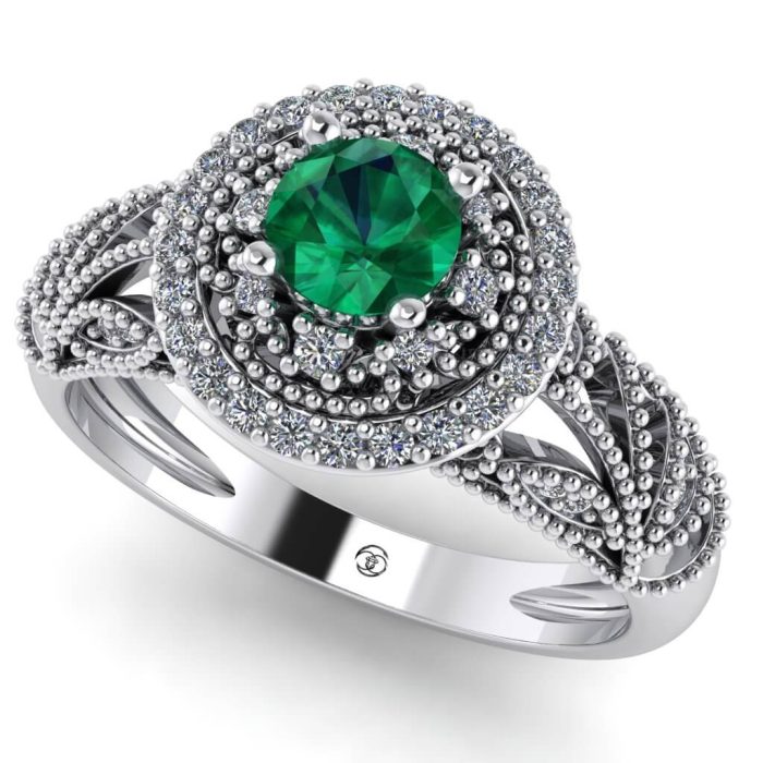 Inel logodna smarald si diamante aur alb vintage ES243