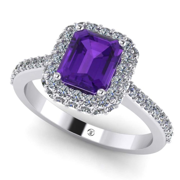 Inel logodna cu ametist emerald si diamante aur alb 18k ES262