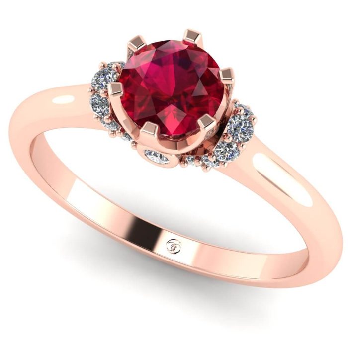 Inel logodna cu rubin rotund si diamante aur14k ES235