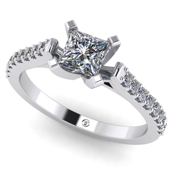 Inel logodna cu diamant patrat si diamante aur alb ES212