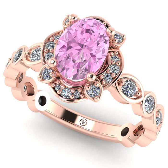Inel cu safir oval roz si diamante din aur roz vintage ES237