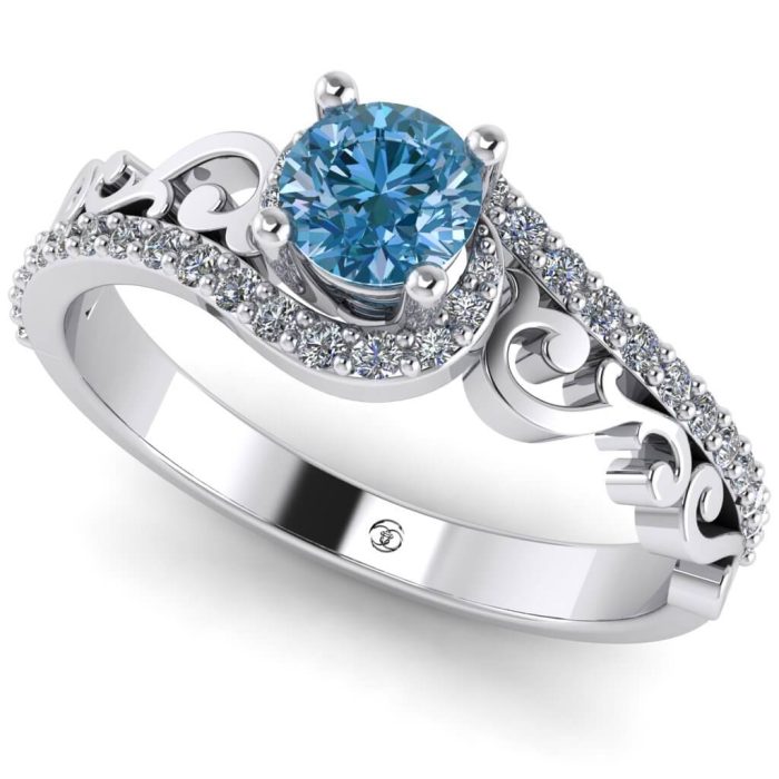 Inel logodna diamant albastru rotund si diamante vintage aur ES238