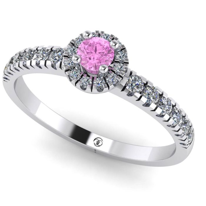 Inel logodna cu diamant roz si diamante aur anturaj ES206