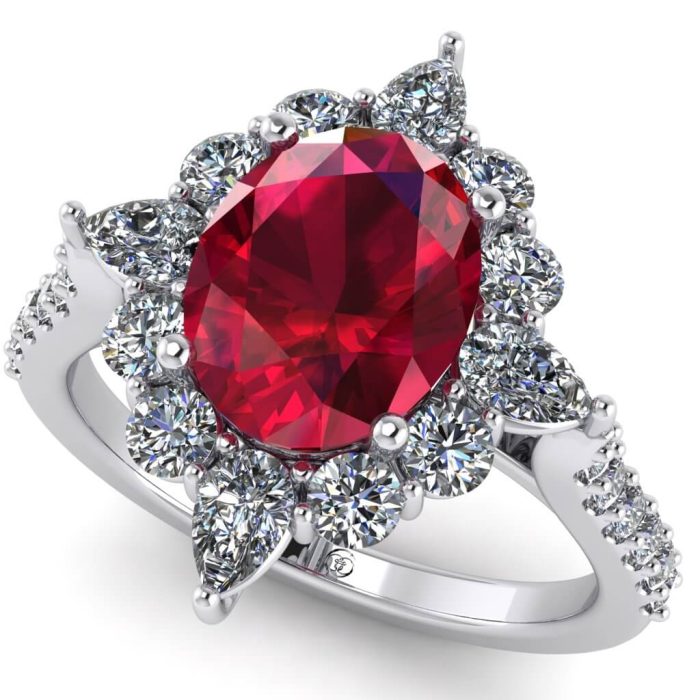 Inel aur alb cu rubin oval si diamante lacrima ES227