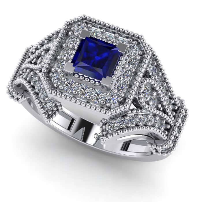 Inel safir patrat si diamante aur vintage logodna ES255