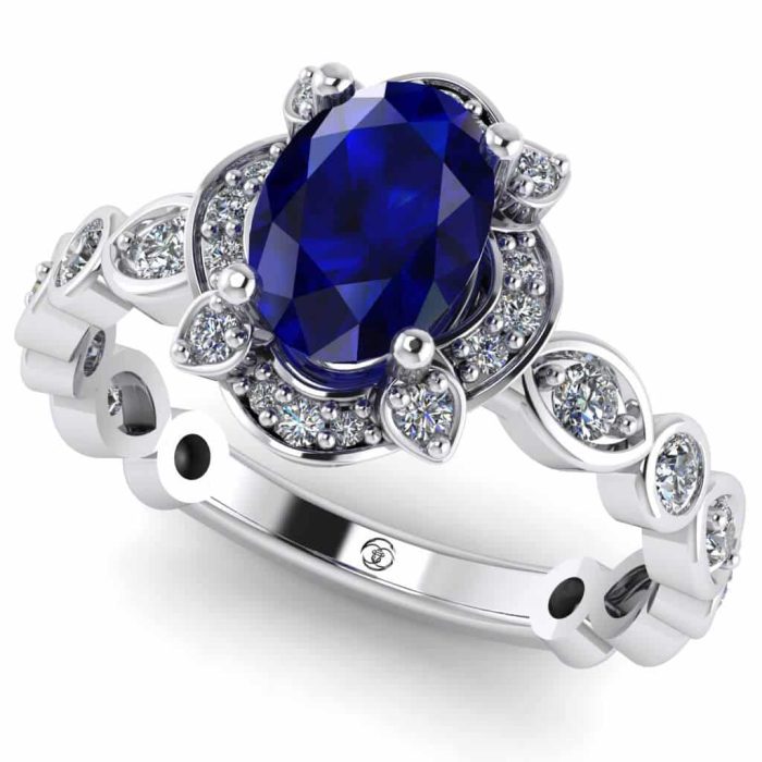 Inel cu safir oval si diamante din aur vintage anturaj ES237