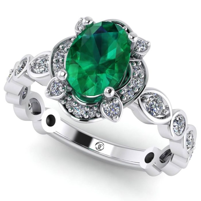 Inel cu smarald oval si diamante din aur alb vintage ES237