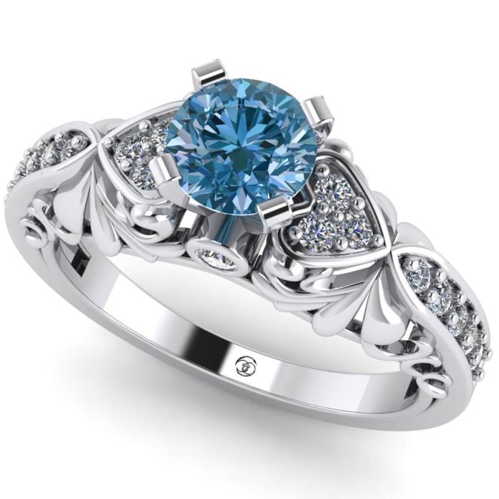 Inel logodna diamant albastru si diamante aur floral vintage ES241