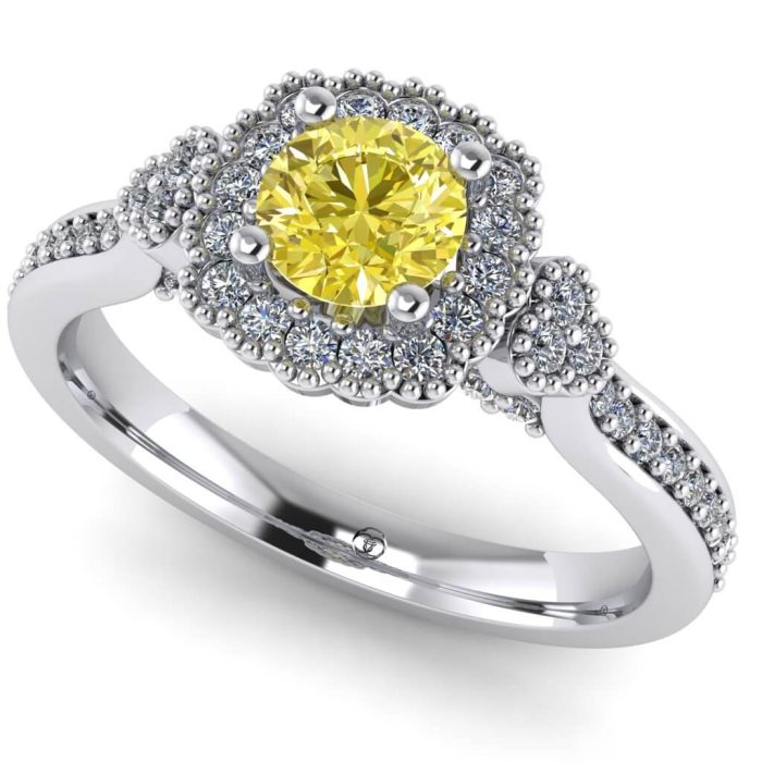 Inel logodna cu diamant galben vivid si diamante aur vintage ES244