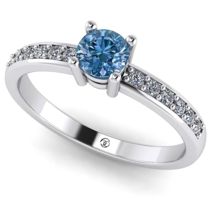 Inel logodna cu diamant albastru rotund si diamante aur ES234