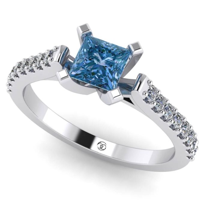 Inel logodna cu diamant albastru patrat si diamante aur ES212