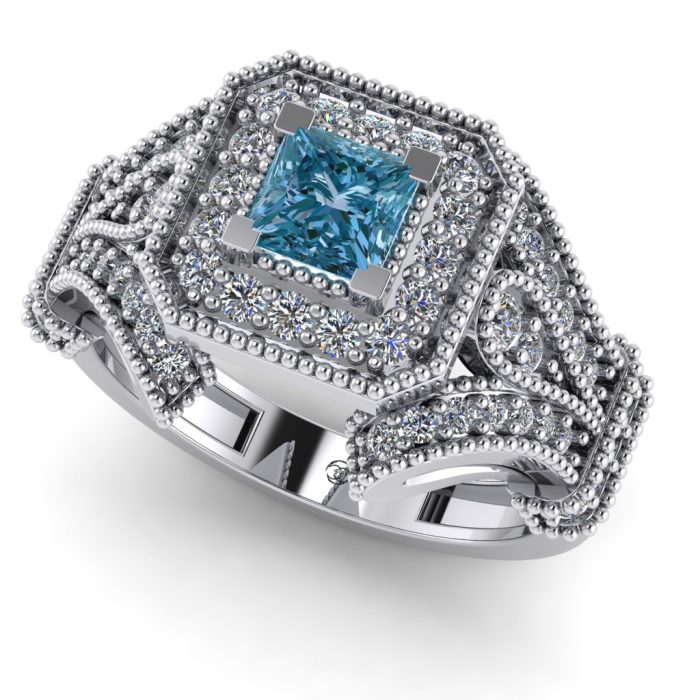 Inel logodna diamant albastru patrat si diamante aur vintage ES255