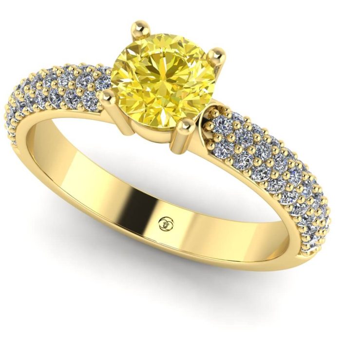Inel logodna cu diamant galben rotund si diamante aur ES219