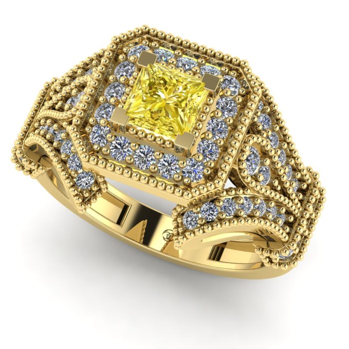 Inel logodna diamant patrat galben si diamante aur vintage ES255
