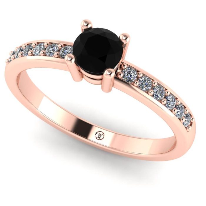 Inel logodna cu diamant negru rotund si diamante aur roz ES234