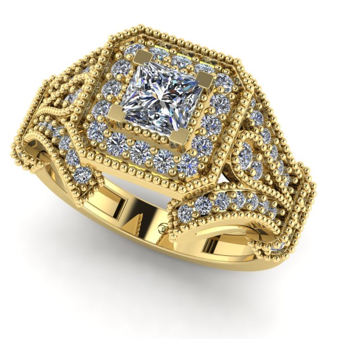 Inel logodna diamant patrat si diamante aur anturaj vintage ES255