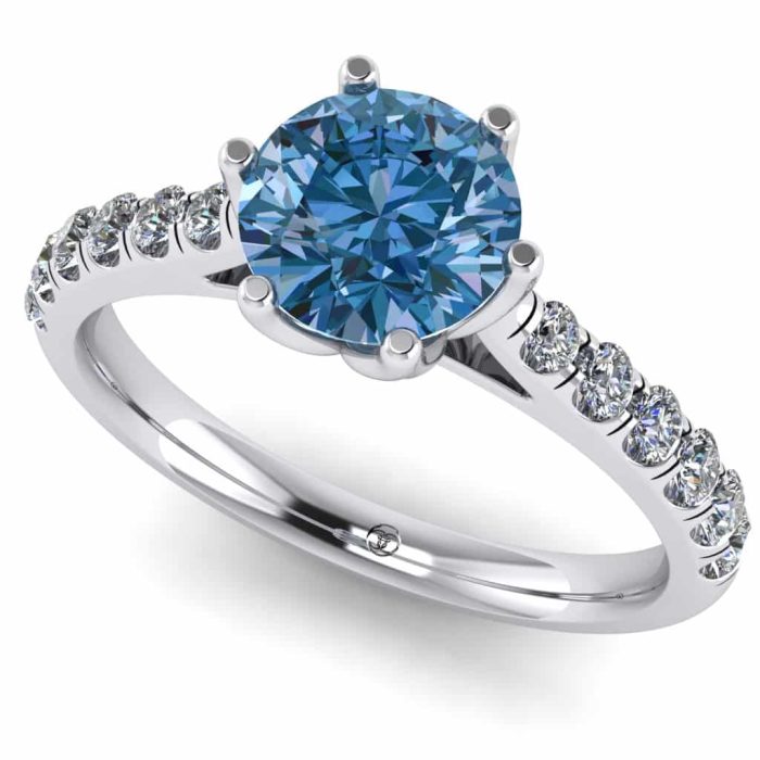Inel logodna cu diamant albastru 1ct rotund si diamante aur ES233