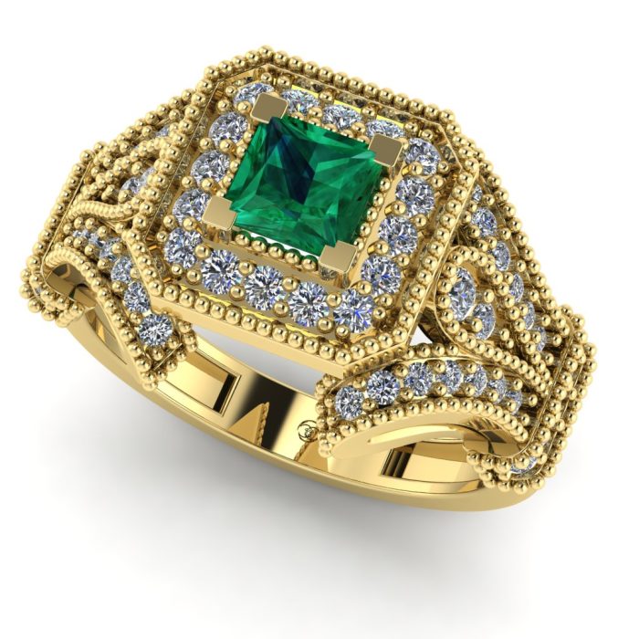 Inel logodna smarald patrat si diamante aur anturaj vintage ES255