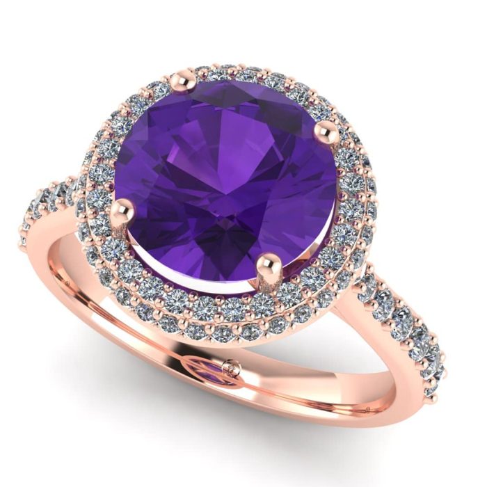 Inel logodna aur ametist rotund si diamante anturaj pave ES261