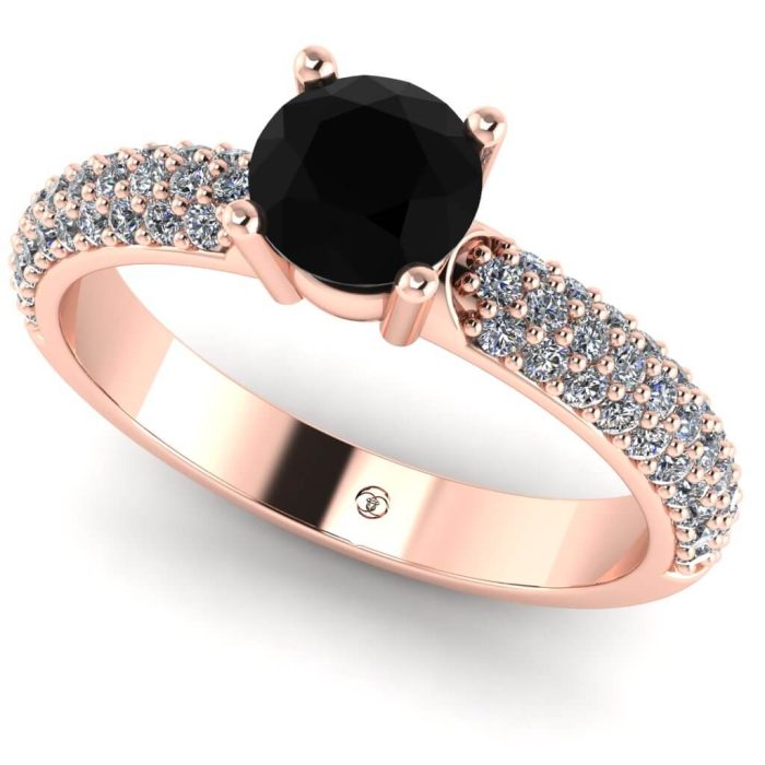 Inel logodna cu diamant negru rotund si diamante aur roz ES219