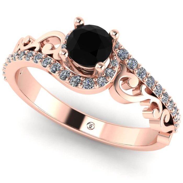 Inel logodna diamant negru rotund si diamante vintage aur ES238