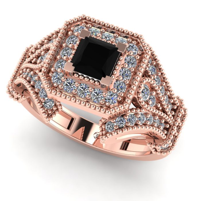 Inel logodna diamant patrat negru si diamante aur vintage ES255