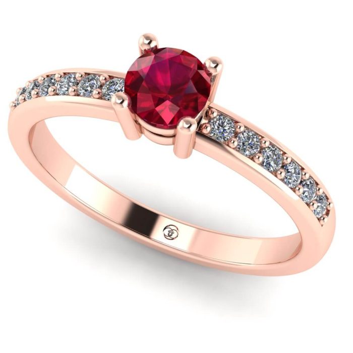 Inel logodna cu rubin rotund si diamante aur roz ES234