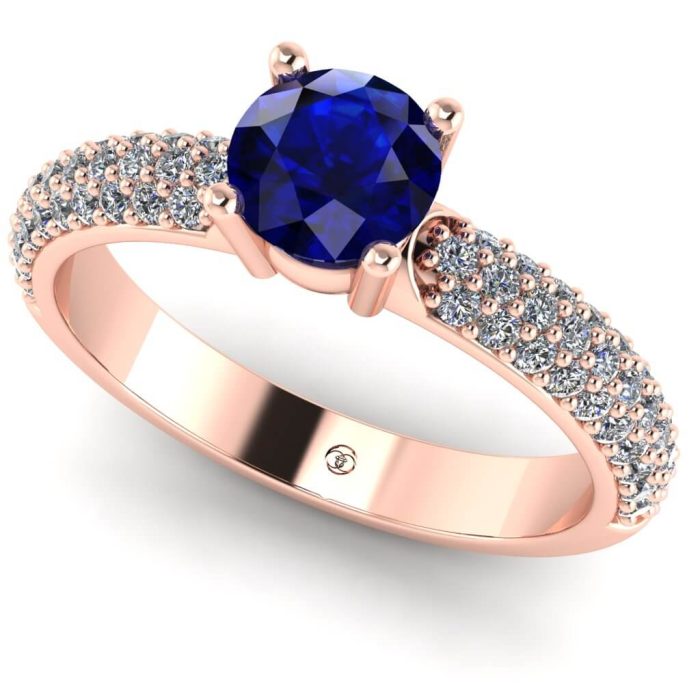 Inel logodna cu safir rotund si diamante aur roz ES219