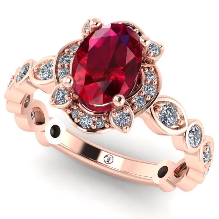 Inel cu rubin oval si diamante din aur roz vintage ES237