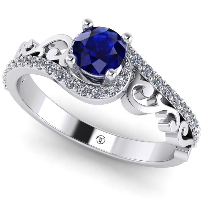 Inel logodna safir albastru rotund si diamante vintage aur ES238