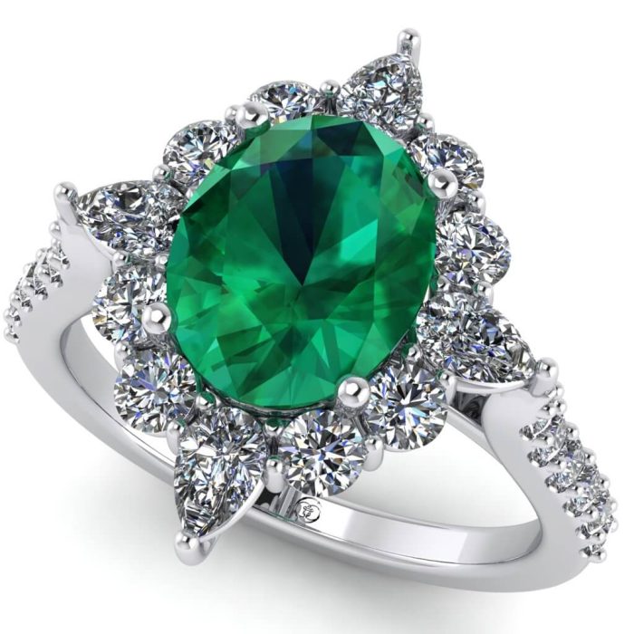 Inel din aur 750 luxury cu smarald oval si diamante lacrima rotund ES227