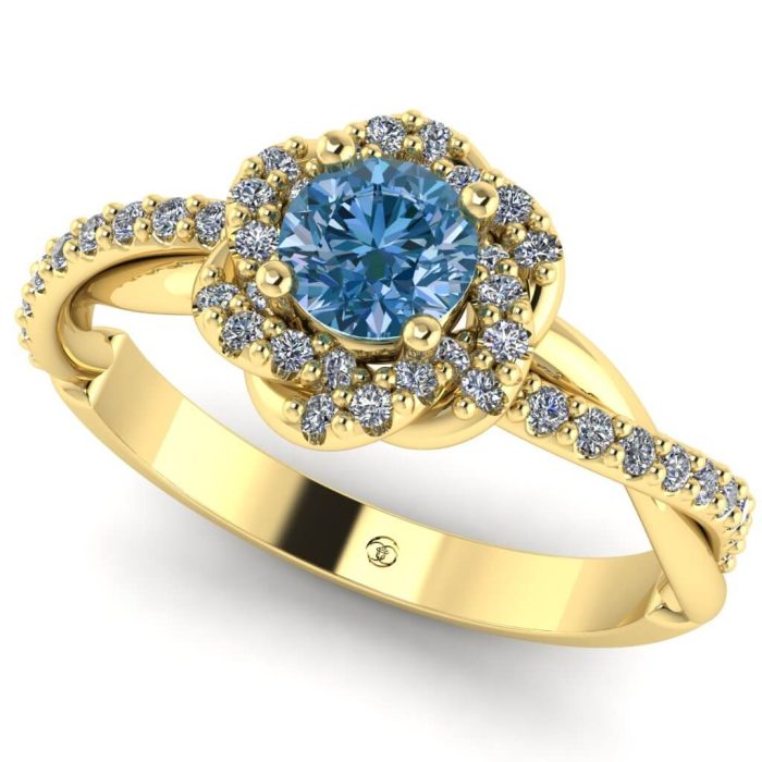 Inel logodna diamant albastru si diamante aur rasucit ES251
