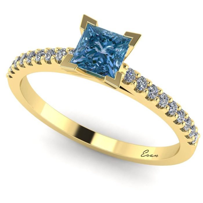 Inel logodna cu diamant albastru patrat si diamante aur 18K ES196