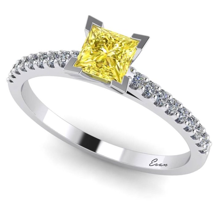 Inel logodna cu diamant galben patrat si diamante aur ES196