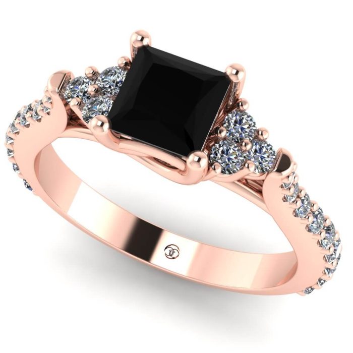 Inel logodna diamant negru patrat si diamante aur roz ES254
