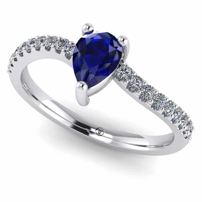 Inel logodna safir albastru lacrima si diamante aur simplu ES265