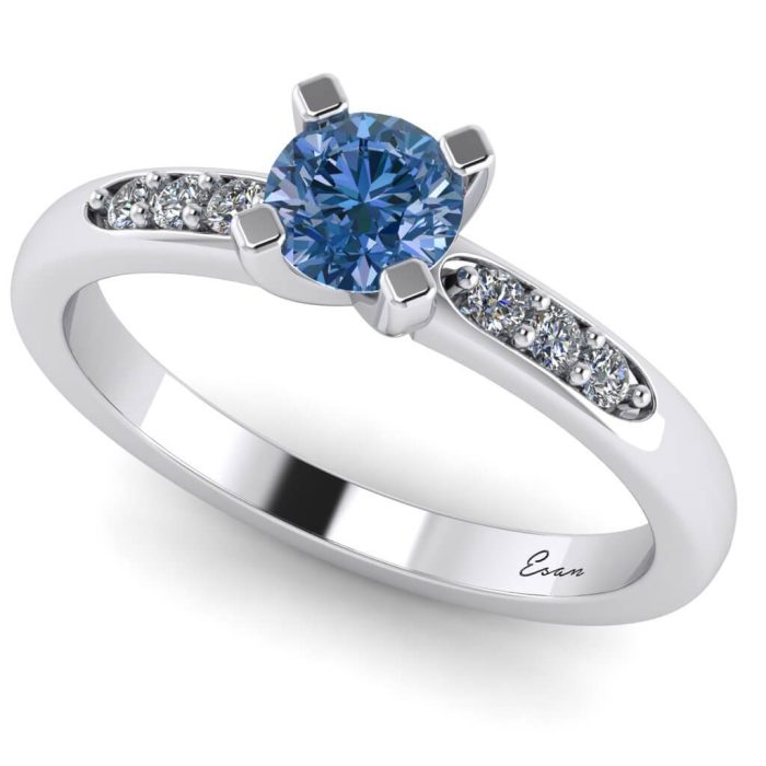Inel logodna cu diamant albastru rotund si diamante ES184