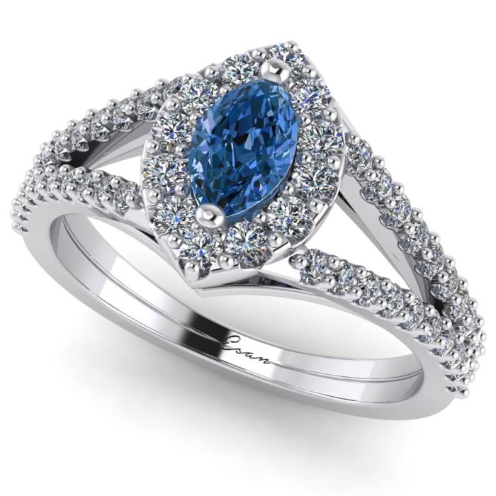 Inel de logodna cu diamant albastru marquise din aur alb ES186