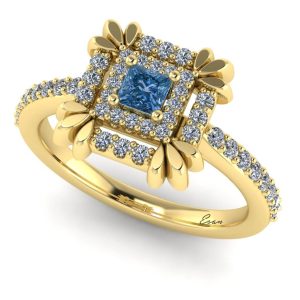 Inel logodna cu diamant albastru si diamante aur 14k ES164