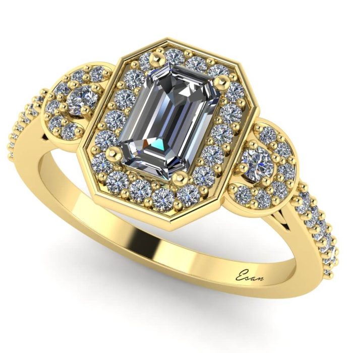 Inel logodna cu diamant emerald si diamante aur ES183