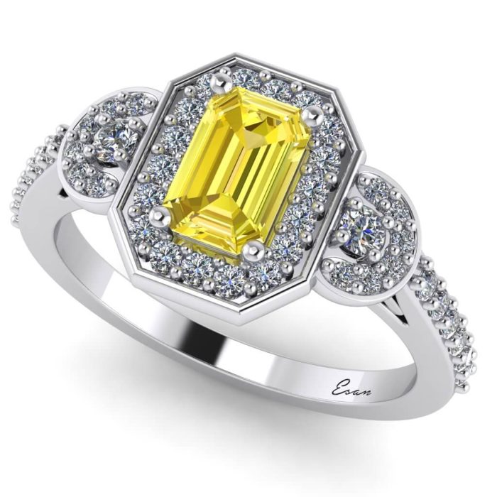 Inel logodna cu diamant galben emerald si diamante aur ES183
