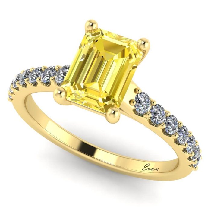 Inel logodna cu diamant galben emerald si diamante aur roz ES191