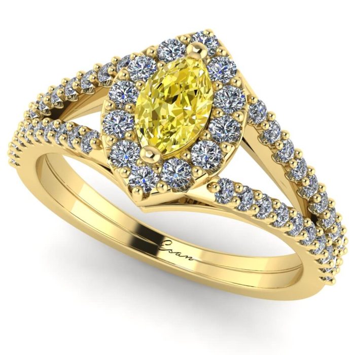 Inel logodna cu diamant marquise galben si diamante aur ES186