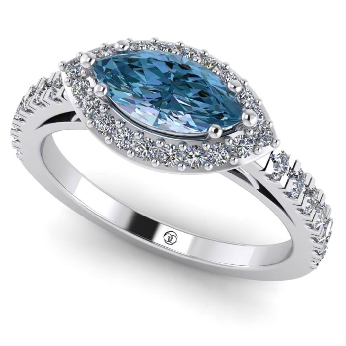 Inel logodna diamant marquise albastru si diamante din aur anturaj ES248