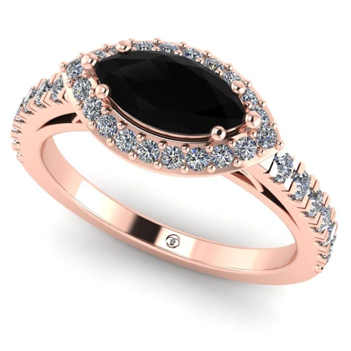 Inel logodna diamant marquise negru si diamante din aur anturaj ES248
