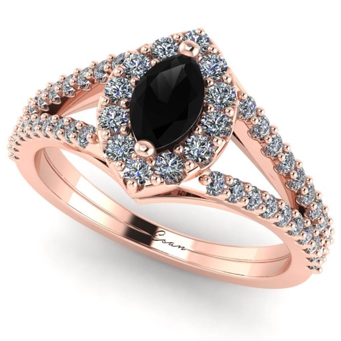 Inel logodna cu diamant marquise negru si diamante aur ES186