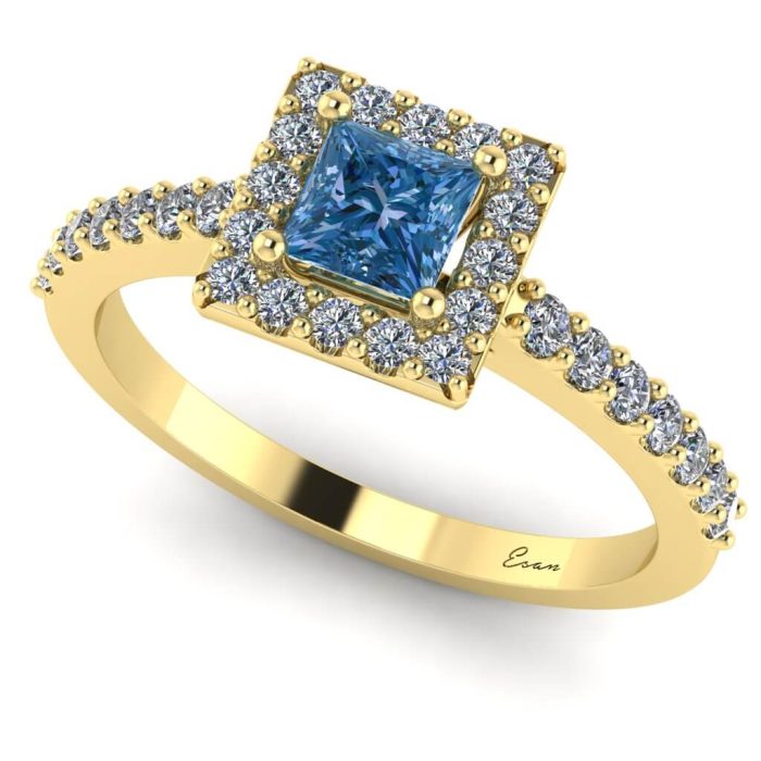 Inel logodna diamant albastru patrat si diamante aur ES187
