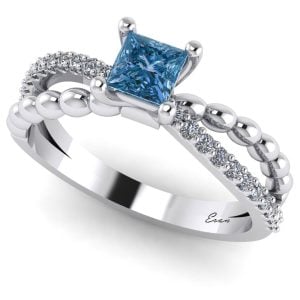 Inel logodna cu diamant patrat albastru din aur alb ES166