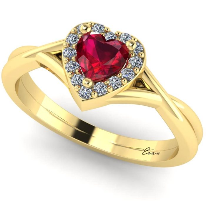 Inel logodna rubin inima si diamante aur anturaj ES189