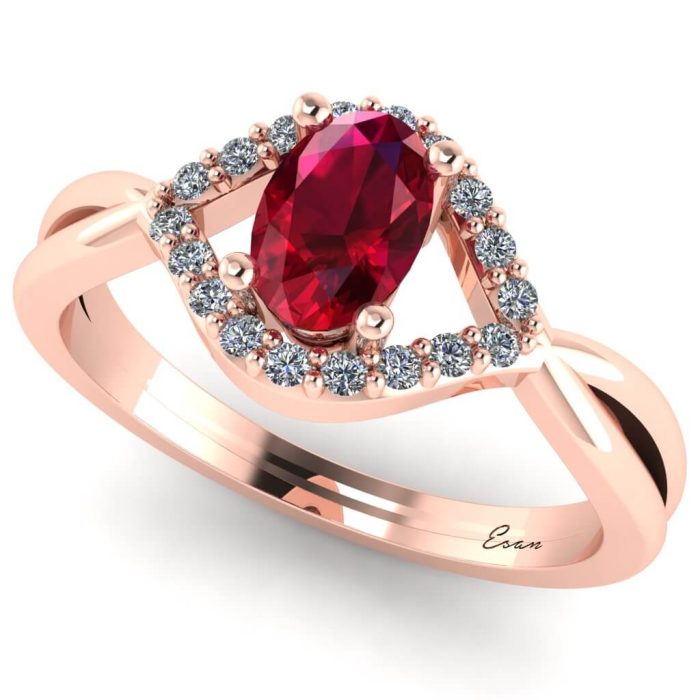 Inel logodna rubin oval si diamante aur anturaj ES190